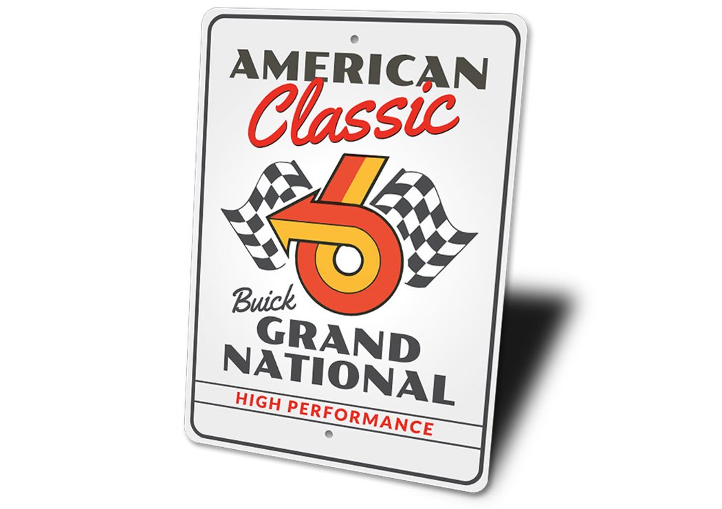 A stylish Buick Grand National sign made from high-quality aluminum, featuring vibrant colors and a classic design, perfect for car enthusiasts.