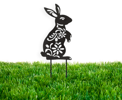 A charming Bunny Garden Stake made of durable powder-coated steel, featuring a whimsical bunny design perfect for garden decoration.
