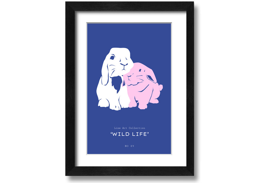 A charming framed print of a bunny rabbit, handmade in the UK, available in various frame colours.
