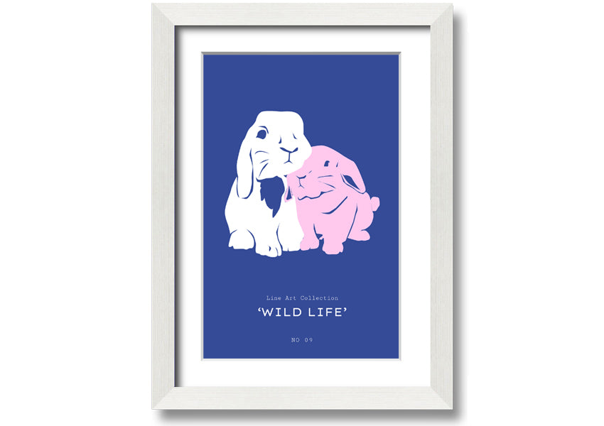 A charming framed print of a bunny rabbit, handmade in the UK, available in various frame colours.