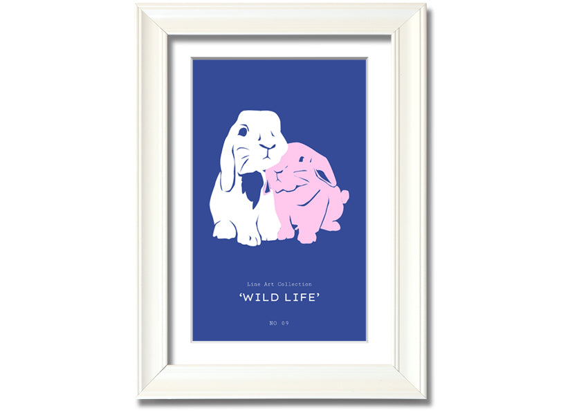 A charming framed print of a bunny rabbit, handmade in the UK, available in various frame colours.