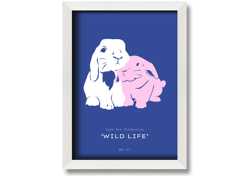 A charming framed print of a bunny rabbit, handmade in the UK, available in various frame colours.