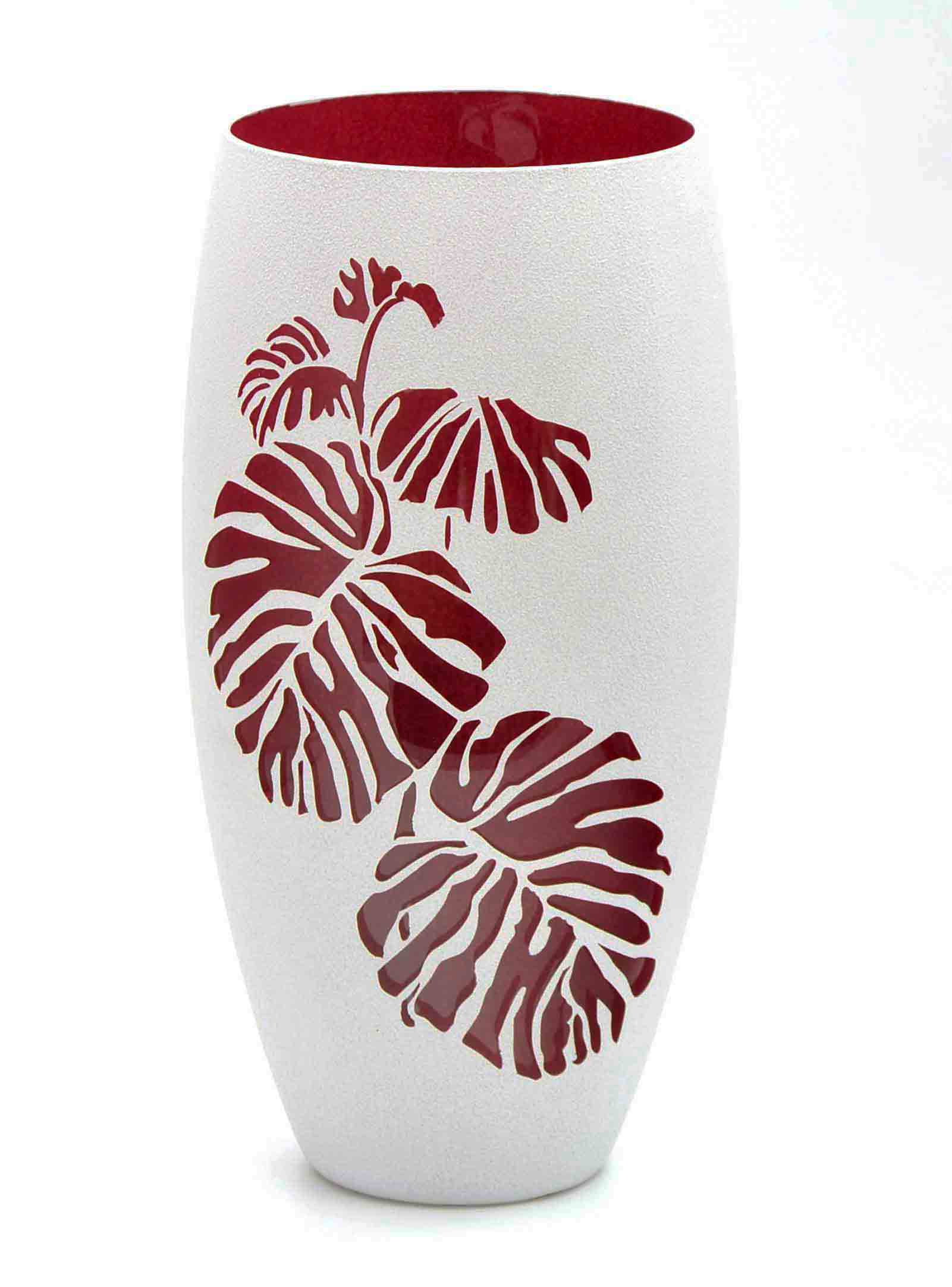 A beautifully hand-painted burgundy glass oval vase featuring intricate floral and geometric designs, perfect for home decor.