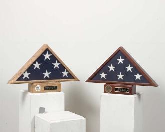 Solid walnut burial flag display case with pedestal, featuring beveled glass and gold Great Seal of the U.S.