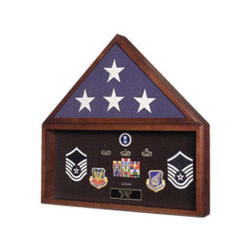 A beautifully crafted Burial Flag Medal Display Case made of solid hardwood, featuring a glass front and black fabric background, designed to hold a 5' x 9.5' flag and medals.