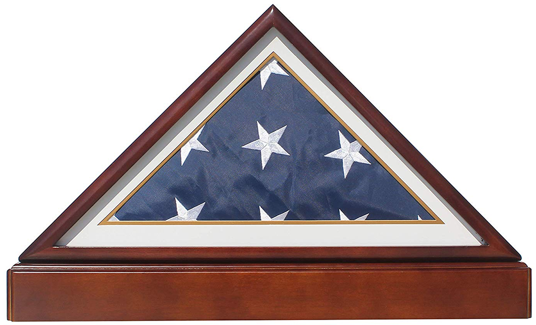 Navy Military Shadow Box Case with Pedestal Stand displaying a folded burial flag, crafted from solid beechwood with a Stained Mahogany finish.