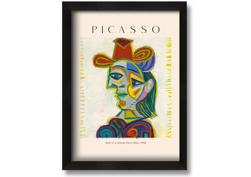 A beautifully framed canvas print of Picasso's Bust Of A Woman (Dora Maar), showcasing vibrant colors and intricate details.