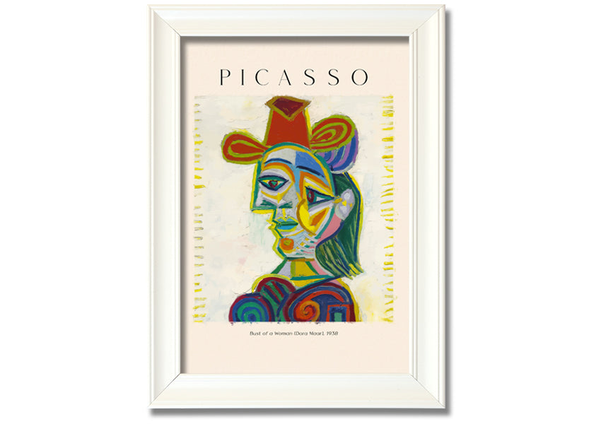 A beautifully framed canvas print of Picasso's Bust Of A Woman (Dora Maar), showcasing vibrant colors and intricate details.