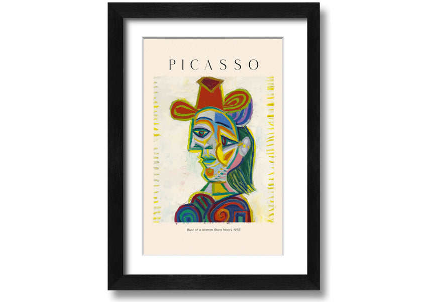 A beautifully framed canvas print of Picasso's Bust Of A Woman (Dora Maar), showcasing vibrant colors and intricate details.