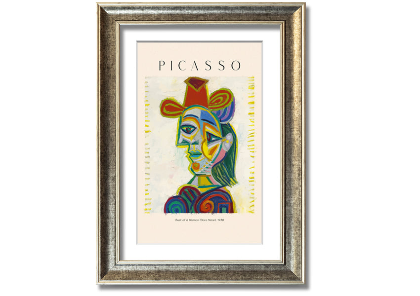 A beautifully framed canvas print of Picasso's Bust Of A Woman (Dora Maar), showcasing vibrant colors and intricate details.