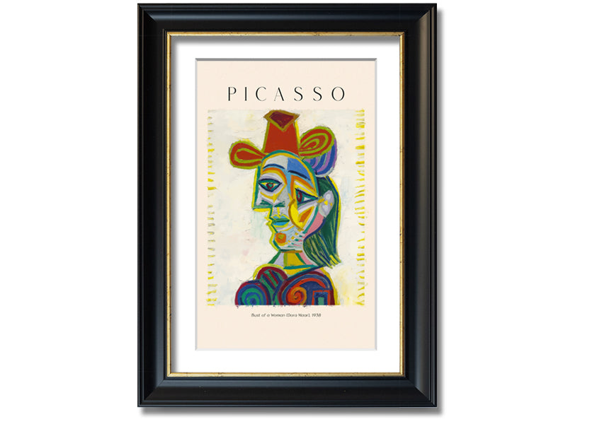 A beautifully framed canvas print of Picasso's Bust Of A Woman (Dora Maar), showcasing vibrant colors and intricate details.