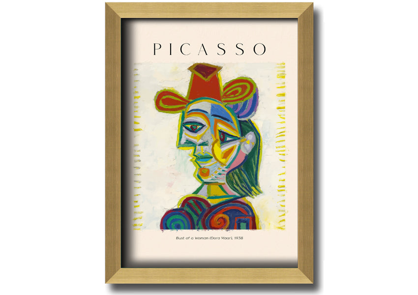 A beautifully framed canvas print of Picasso's Bust Of A Woman (Dora Maar), showcasing vibrant colors and intricate details.