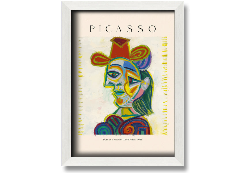 A beautifully framed canvas print of Picasso's Bust Of A Woman (Dora Maar), showcasing vibrant colors and intricate details.