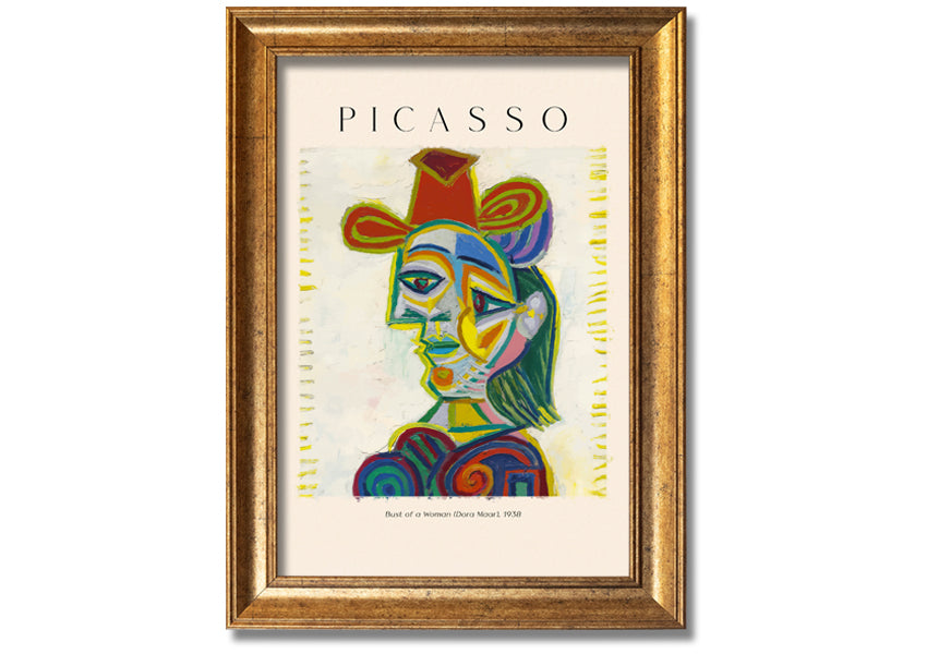 A beautifully framed canvas print of Picasso's Bust Of A Woman (Dora Maar), showcasing vibrant colors and intricate details.