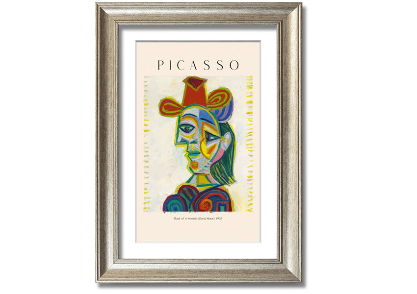 A beautifully framed canvas print of Picasso's Bust Of A Woman (Dora Maar), showcasing vibrant colors and intricate details.
