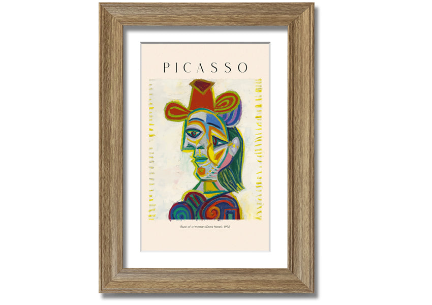A beautifully framed canvas print of Picasso's Bust Of A Woman (Dora Maar), showcasing vibrant colors and intricate details.