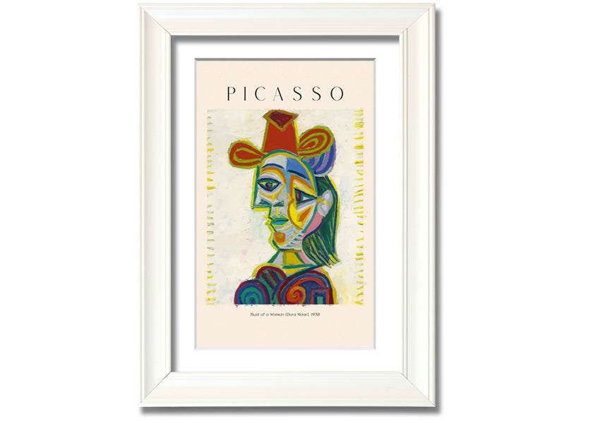 A beautifully framed canvas print of Picasso's Bust Of A Woman (Dora Maar), showcasing vibrant colors and intricate details.