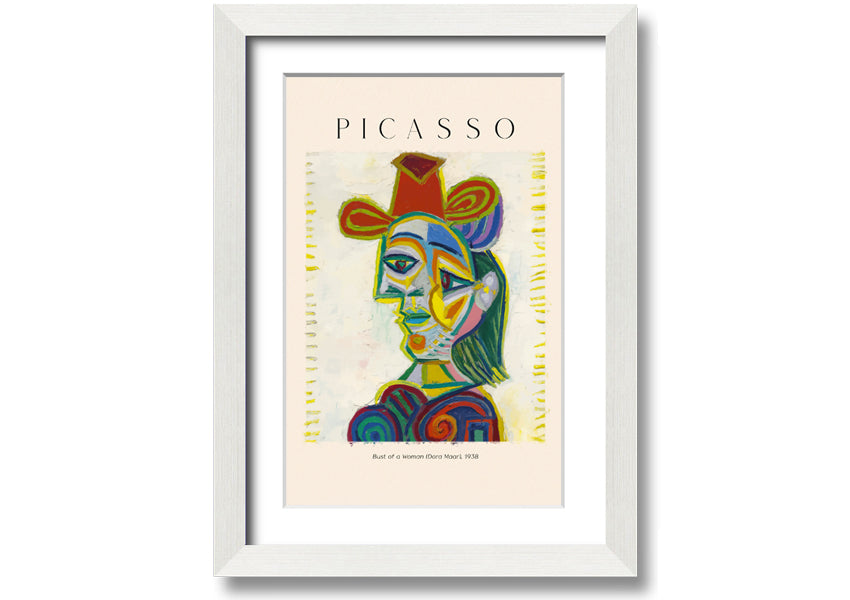 A beautifully framed canvas print of Picasso's Bust Of A Woman (Dora Maar), showcasing vibrant colors and intricate details.