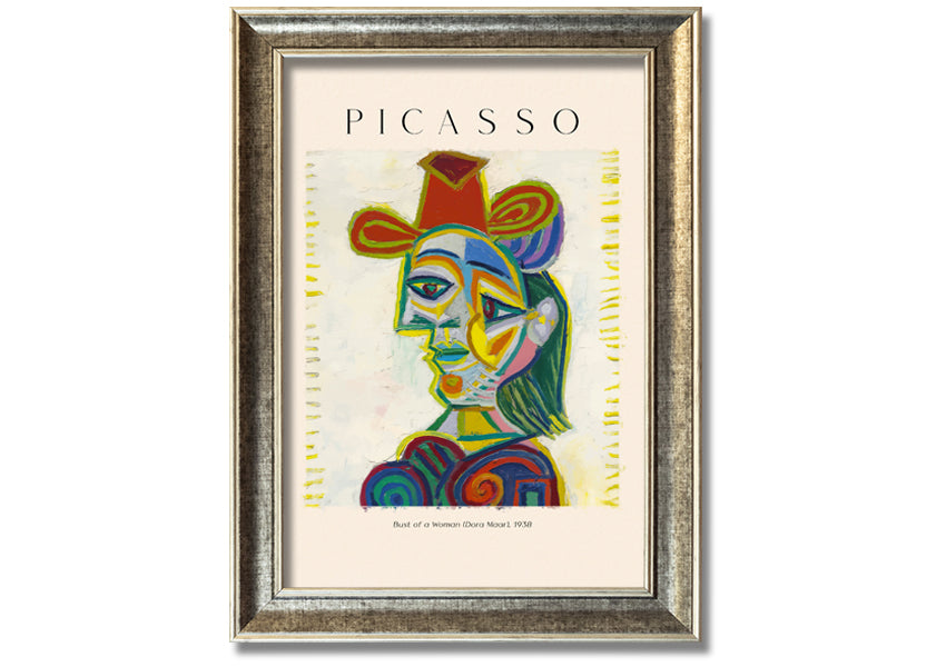 A beautifully framed canvas print of Picasso's Bust Of A Woman (Dora Maar), showcasing vibrant colors and intricate details.