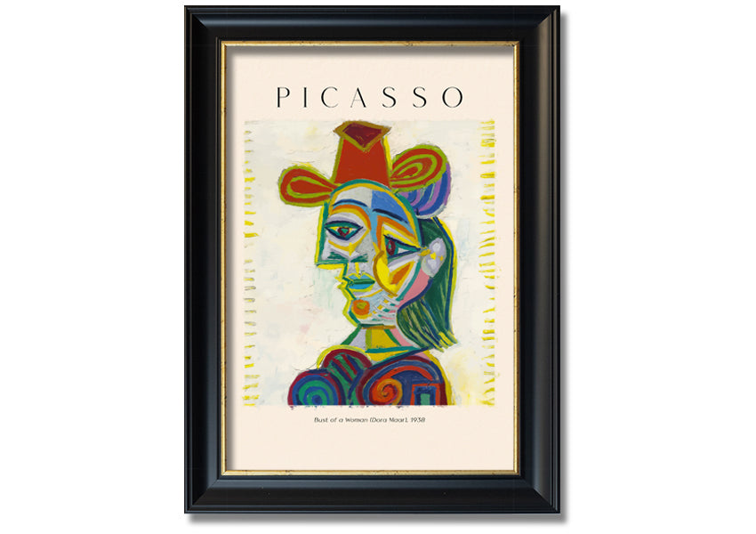 A beautifully framed canvas print of Picasso's Bust Of A Woman (Dora Maar), showcasing vibrant colors and intricate details.