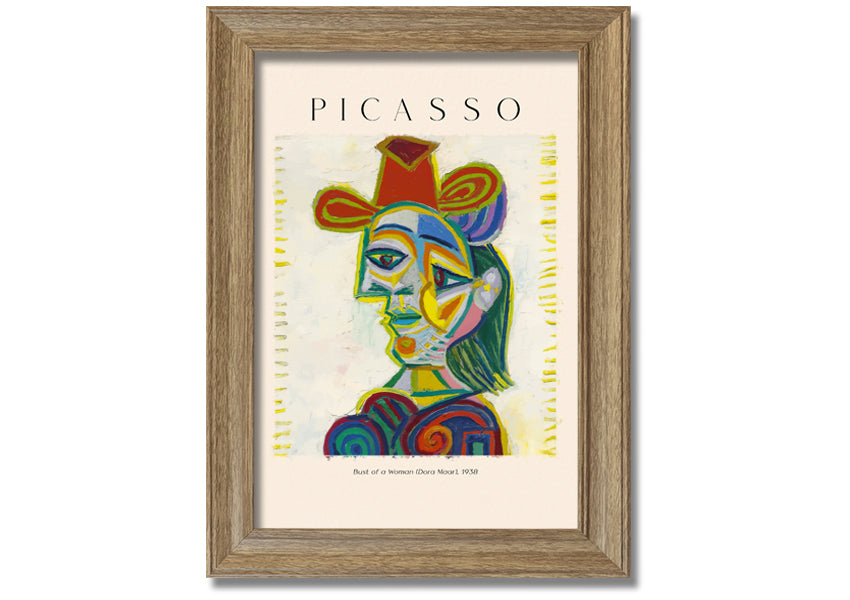 A beautifully framed canvas print of Picasso's Bust Of A Woman (Dora Maar), showcasing vibrant colors and intricate details.