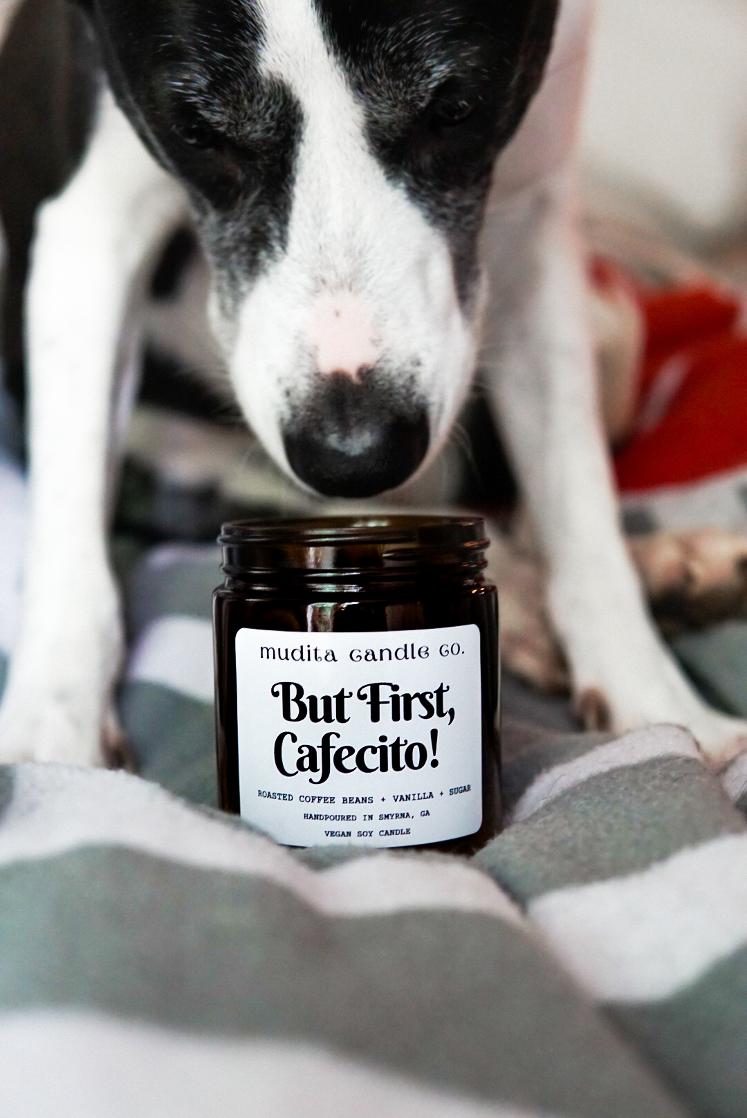 But First, Cafecito! Coffee Vanilla Soy Candle in a reusable amber glass jar with a gold lid, showcasing its inviting aroma.