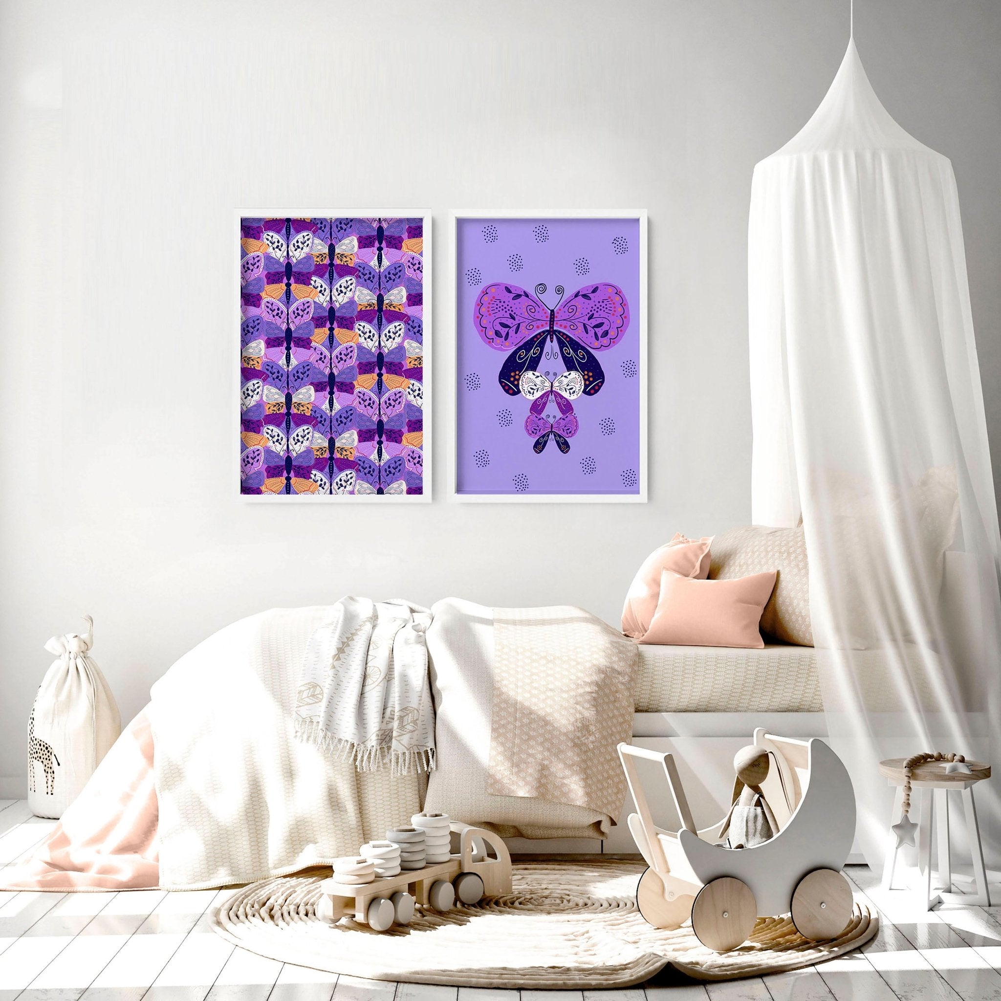 Set of 2 colorful butterfly wall art prints for nursery, featuring intricate designs in purple, violet, and blue.