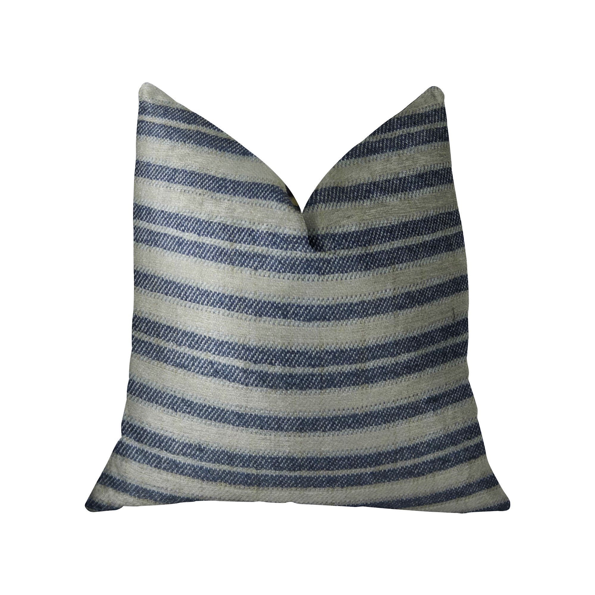 By Meadow Navy and Cream Handmade Luxury Pillow featuring a striped design with an invisible zipper closure, showcasing its luxurious fabric and craftsmanship.