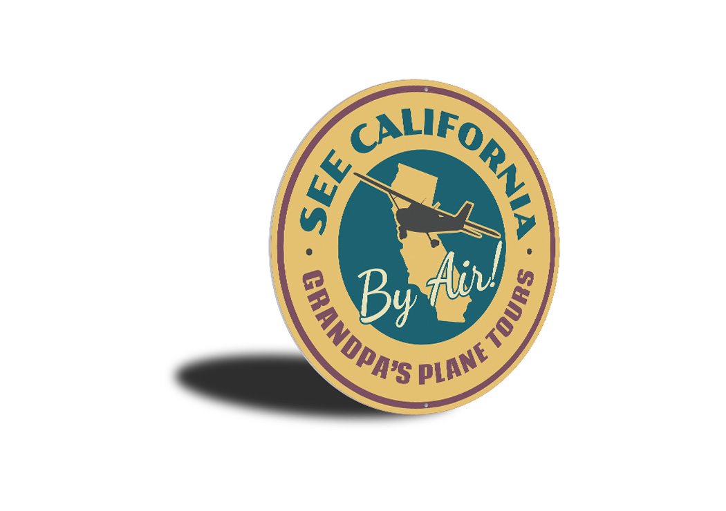 California Plane Tours By Air Hangar Sign made of high-quality aluminum, featuring customizable text and pre-drilled holes for easy mounting.