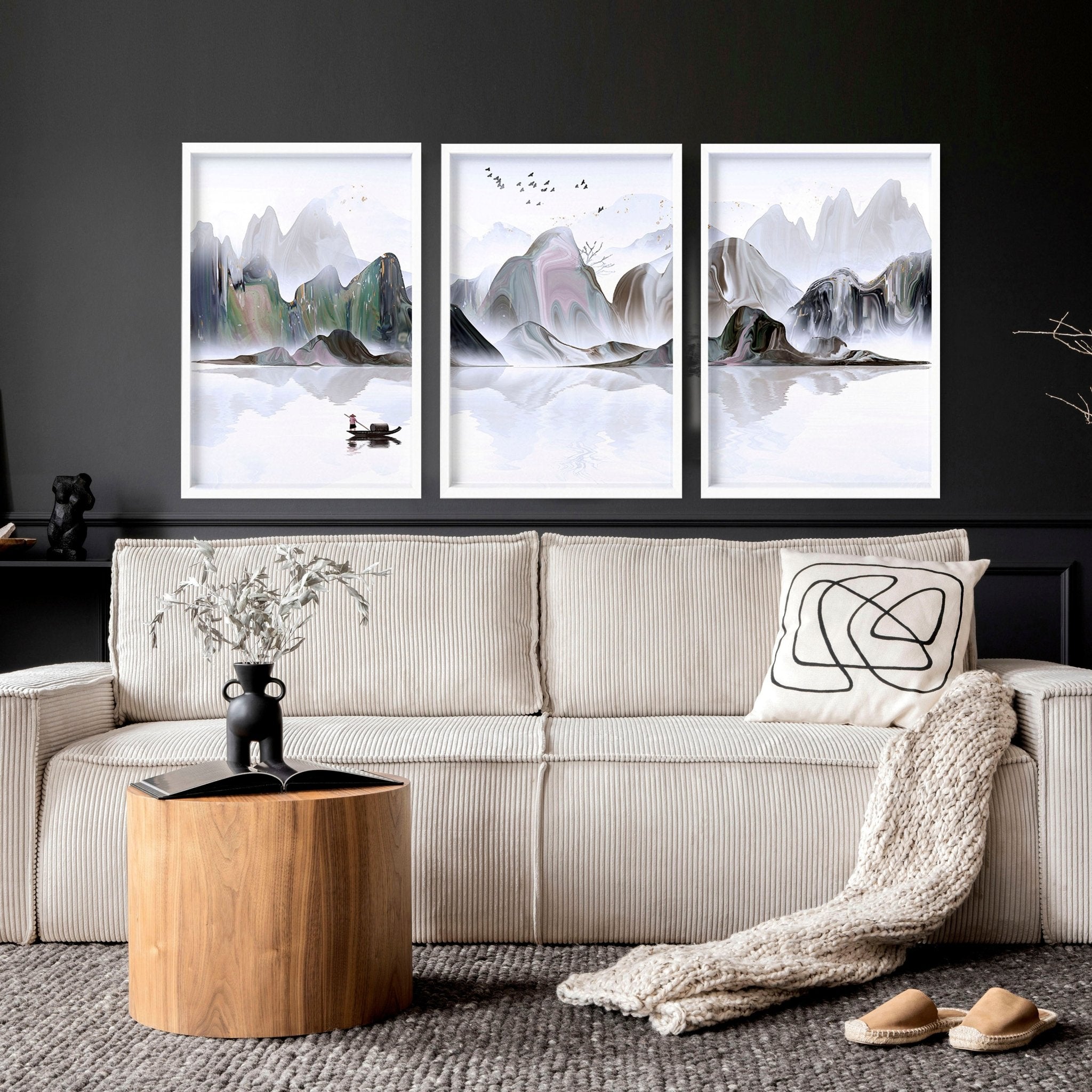 Set of 3 calming wall art prints featuring minimalist designs in lavender and green, perfect for enhancing home decor.