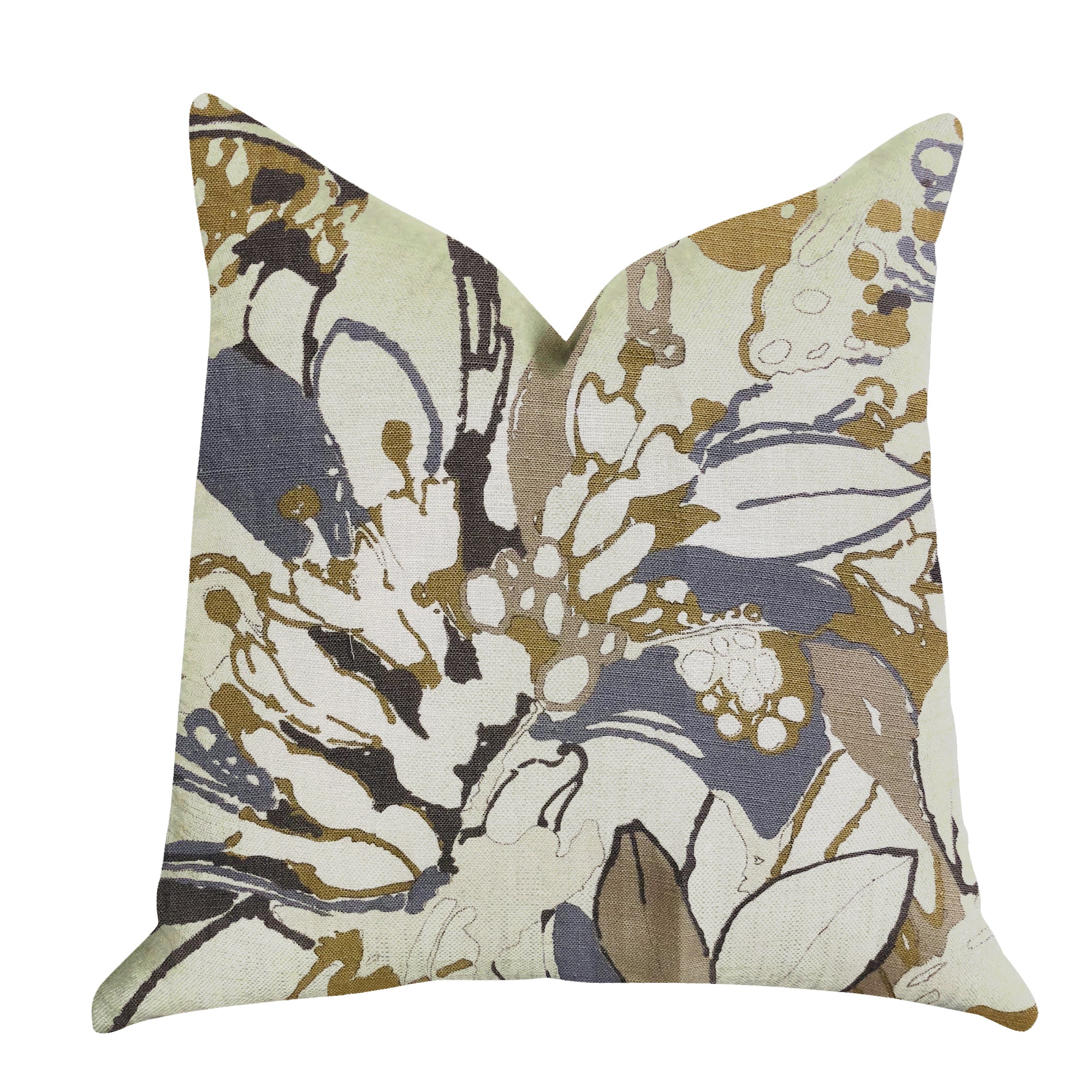 Camellia Floral Blue and Beige Luxury Throw Pillow showcasing a floral design on soft linen fabric, featuring an invisible zipper and double-sided pattern.