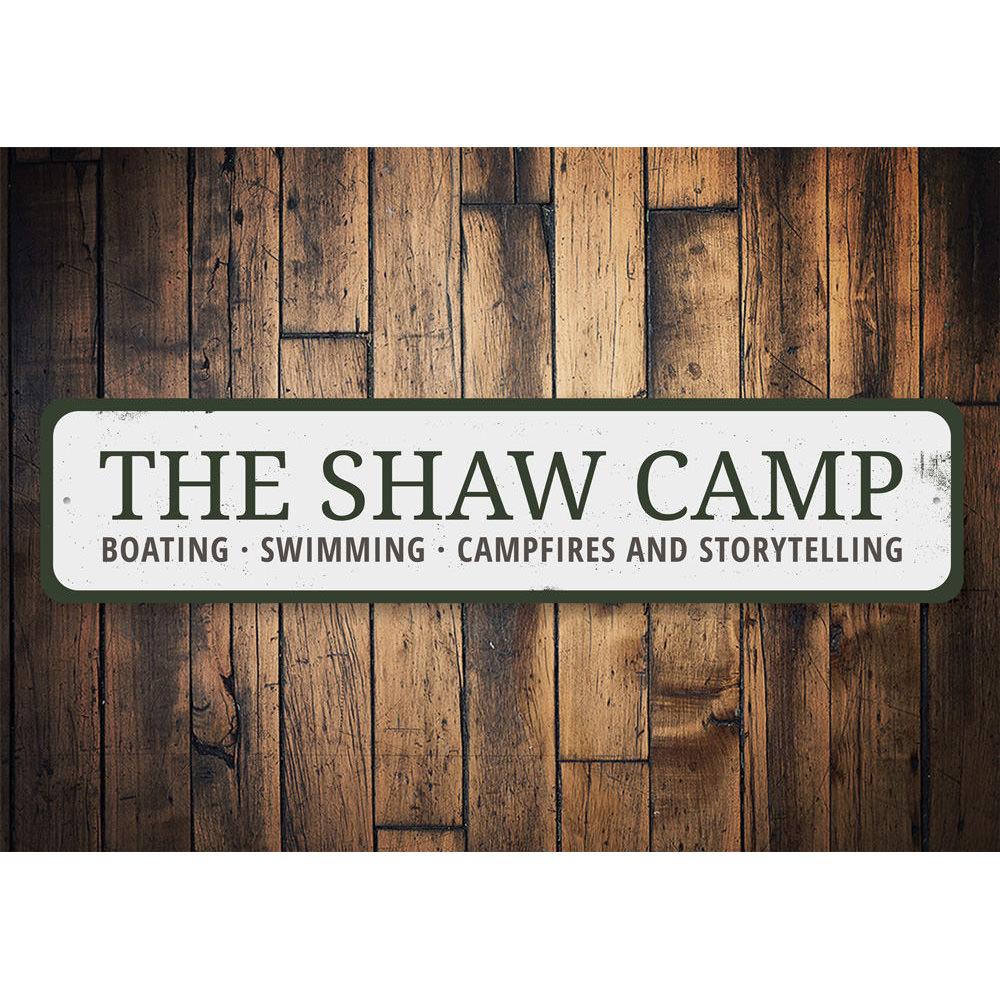 Customizable Camp Last Name Sign made of durable aluminum, perfect for lakehouses.