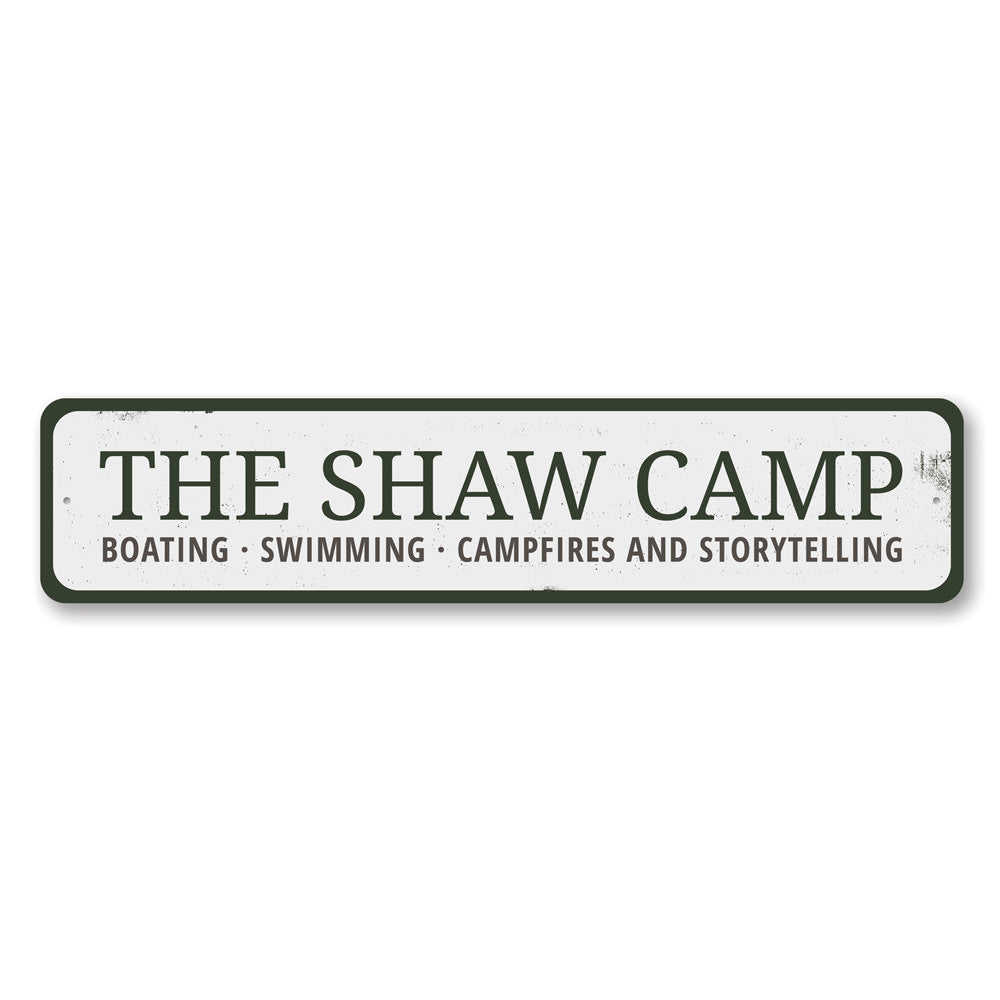 Customizable Camp Last Name Sign made of durable aluminum, perfect for lakehouses.