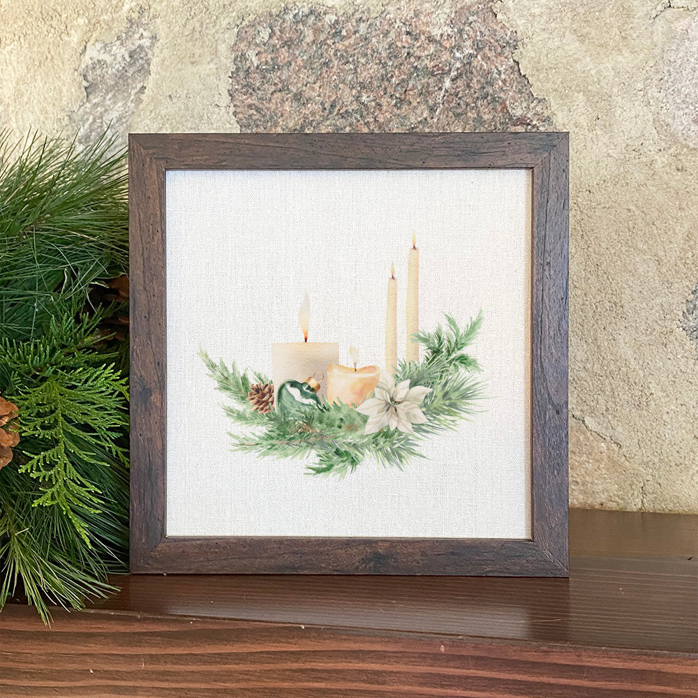 Candle and Pine Arrangement - Framed Sign with a rustic wood frame, featuring eco-friendly printing on a linen-look background.