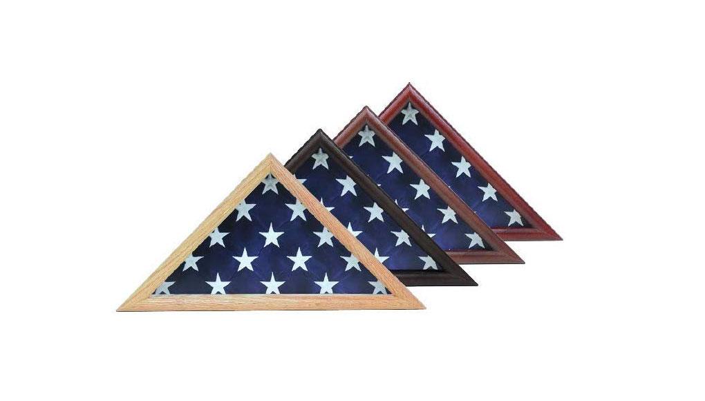 Capitol Hill Flag Case in walnut finish displaying a 4x6 flag, featuring an acrylic front and removable back panel.