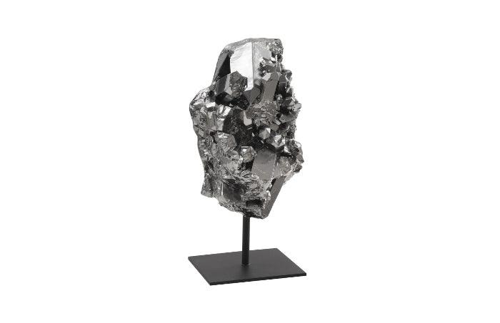 A stunning Cast Crystal Small Liquid Silver Sculpture with a faceted surface and liquid silver finish, showcasing modern organic design.