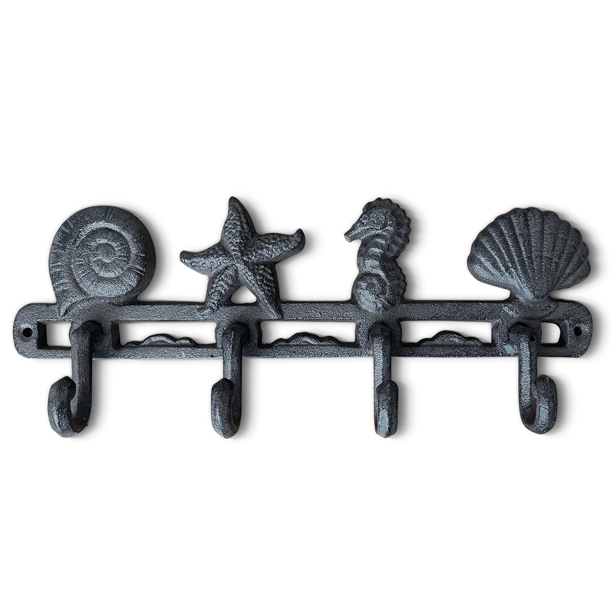 A pair of 13-inch cast iron seashell wall hooks, showcasing intricate detailing and a rustic finish, perfect for beach-themed decor.