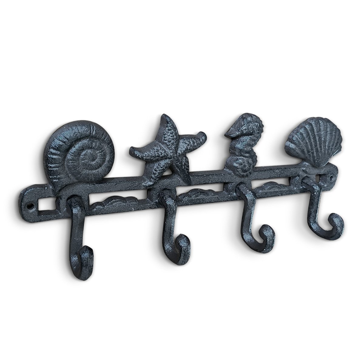 A pair of 13-inch cast iron seashell wall hooks, showcasing intricate detailing and a rustic finish, perfect for beach-themed decor.