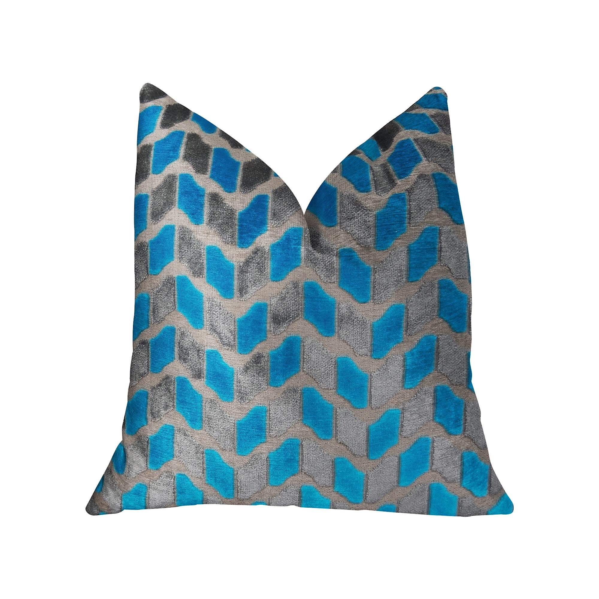 Castle Crest Turquoise and Gray Handmade Luxury Pillow featuring a jacquard pattern, double-sided design, and invisible zipper enclosure.