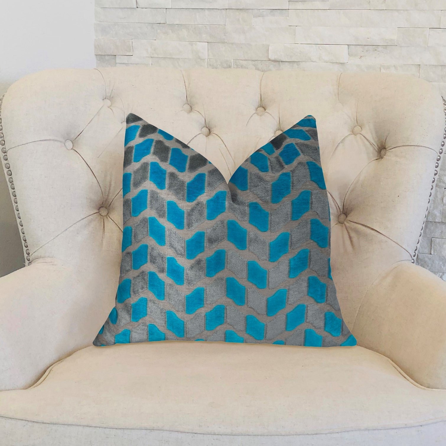 Castle Crest Turquoise and Gray Handmade Luxury Pillow featuring a jacquard pattern, double-sided design, and invisible zipper enclosure.