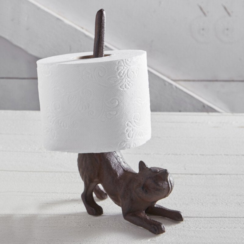 A whimsical cat butt cast iron tissue holder, standing 9.5 inches tall, showcasing a playful design perfect for cat lovers.