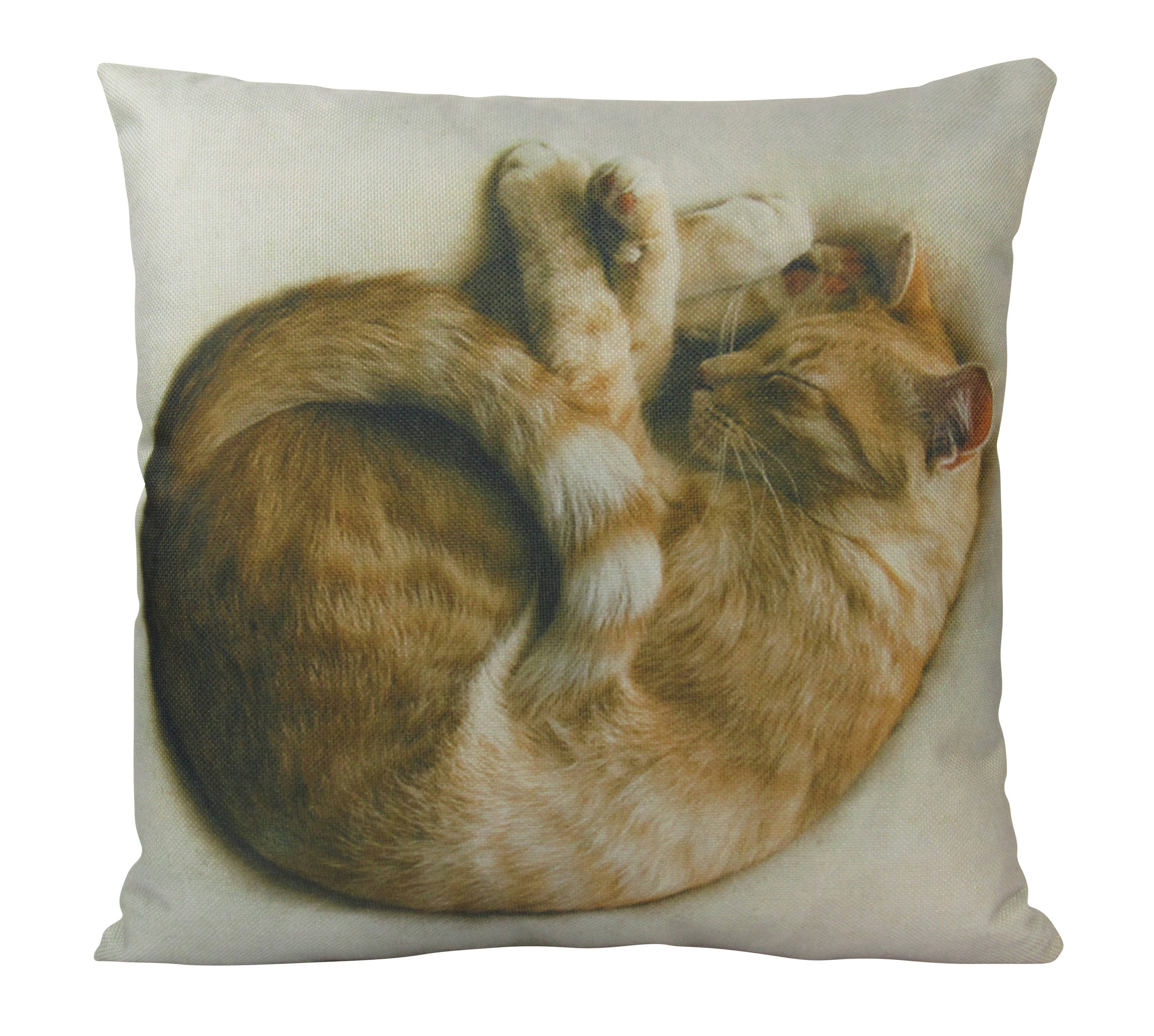A cozy Cat Pillow featuring a photograph of an orange cat curled up on a white bed, showcasing its soft fabric and concealed zipper.