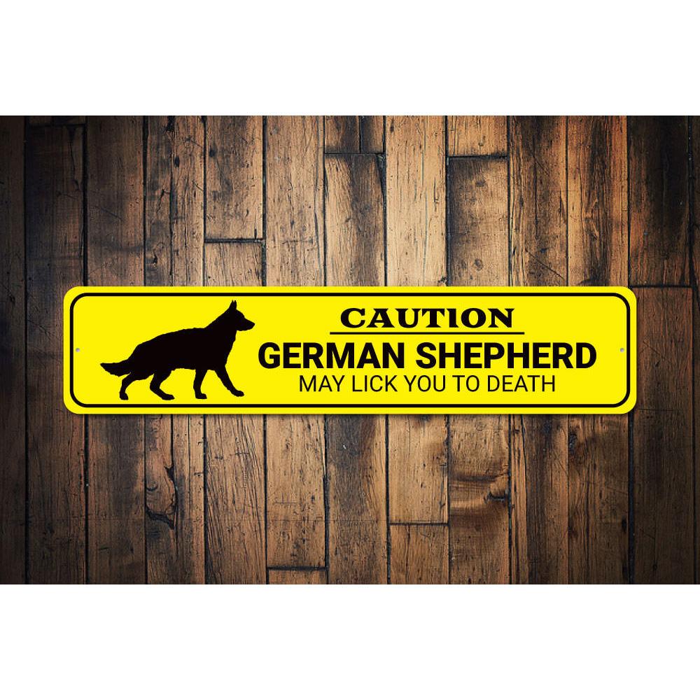 Caution German Shepherd Sign made of high-quality aluminum, featuring a bold design suitable for indoor and outdoor use.