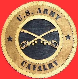 Handcrafted wooden Cavalry Wall Tribute plaque featuring a 3D United States Cavalry emblem, available in 12” and 9” sizes.