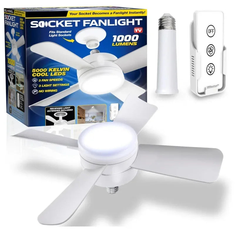Ceiling Fan LED Light Socket Fan with Smart Remote Control, showcasing a sleek design and bright LED light.
