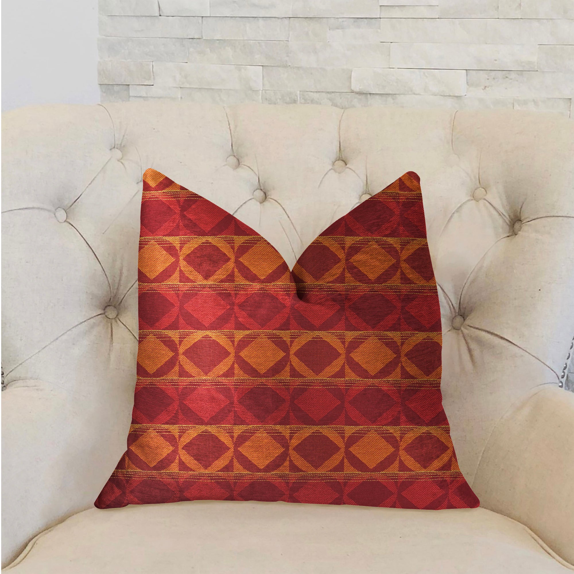 Celestial Red and Orange Luxury Throw Pillow featuring geometric pattern and invisible zipper, handmade in the USA.