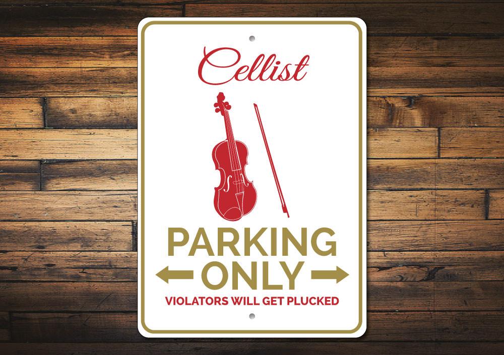 A vibrant Cellist Parking Sign made of durable aluminum, featuring a cello graphic and customizable text options.