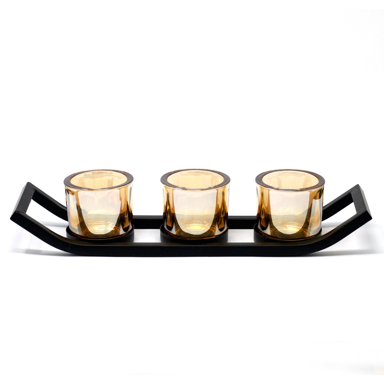 Elegant Centrepiece Iron Votive Candle Holder with three glass cups, perfect for creating a warm ambiance in any room.