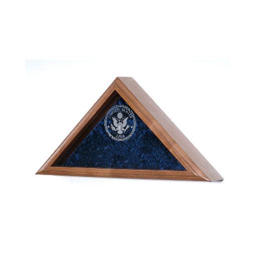Ceremonial Casket Flag Case made of solid wood with a double-strength glass front and crushed velvet background, displaying a folded burial flag.