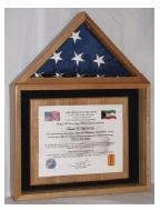 A beautifully crafted wooden display case for a 3x5 American flag and certificate, showcasing elegant design and quality materials.